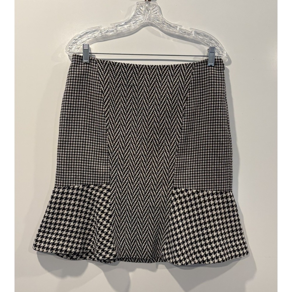 Ann Taylor Black White Houndstooth Flounce Skirt Career Womens Size 8